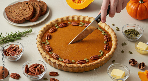 Cutting into a delicious homemade pumpkin pie