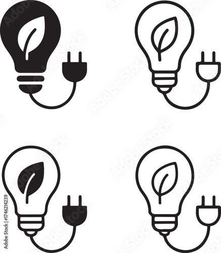 Energy Efficiency icon set, eco power symbol, electricity saving icon, black solid and line style, minimal vector for renewable energy, sustainability, light, nature, power, solar, efficiency, green