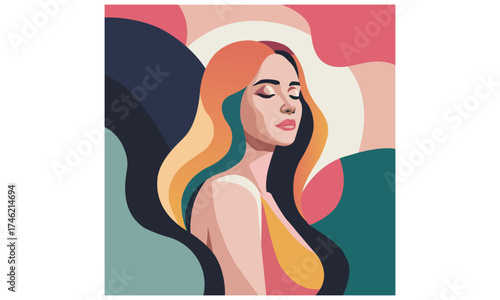 Colourful Abstract Portrait of Woman with Closed Eyes and Flowing Hair