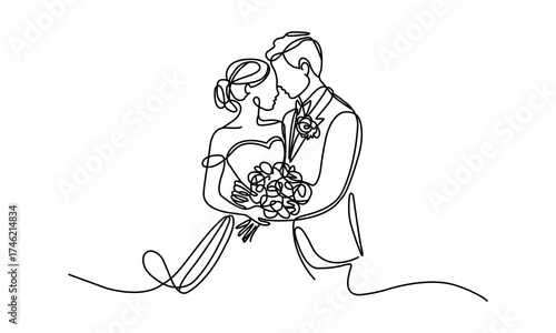 One Continuous Line Drawing of Bride and Groom Kissing on Wedding Day