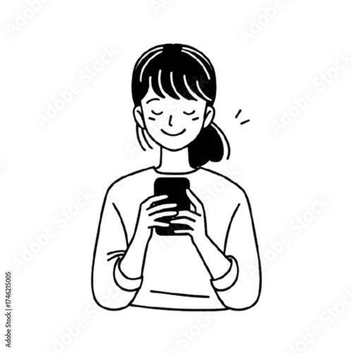Hand-drawn style line art illustration of a smiling woman looking at her smartphone