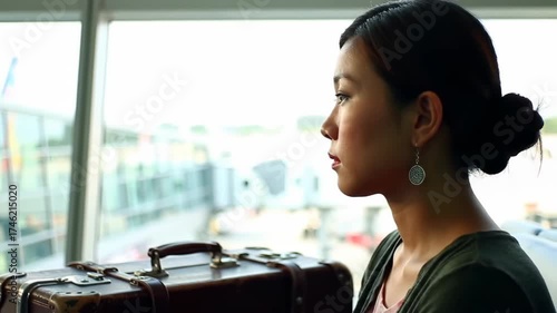 Woman at Airport Waiting for Flight & Contemplating