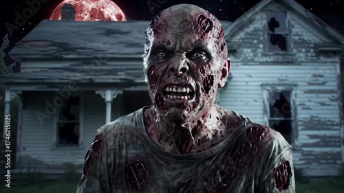 Zombie Horror Scene Ghoul Roars in Front of Creepy House