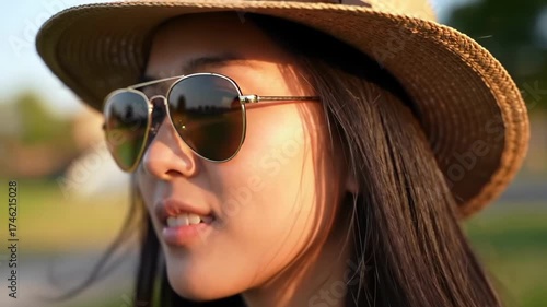 Young Woman in Sunglasses & Hat, Enjoying the Sunlight Outdoors