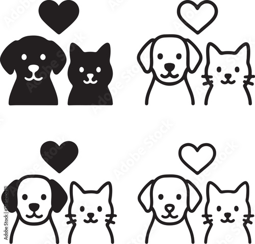 Pets icon set, dog and cat symbol, pet care icon, black solid and line style, minimal stroke vector for veterinary, adoption, pet shop, grooming, love, animals, domestic pets, family, home, care