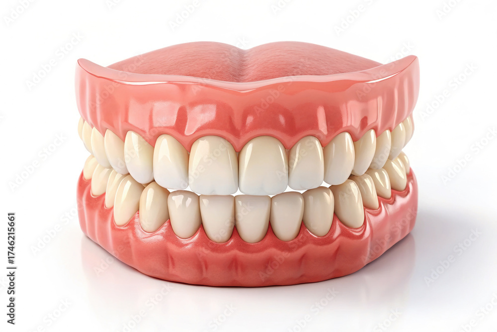 Obraz premium Full Denture Set Dental Health Isolated White Background Medical Illustration Prosthetic Teeth Oral Care