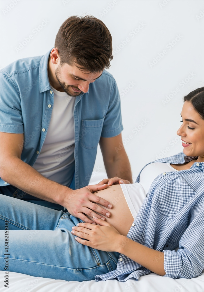 Fototapeta premium Pregnant couple touching belly together while woman lies on bed. Prenatal bonding and partnership support during pregnancy for family lifestyle content
