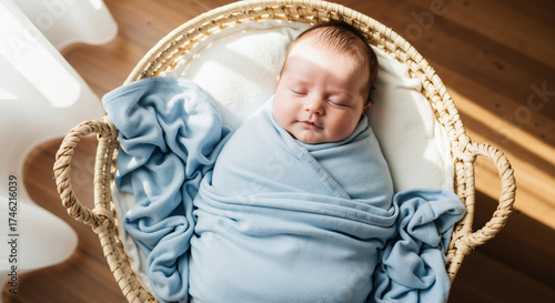 Newborn baby sleeping in blue swaddle blanket in wicker moses basket. Infant care and nursery essentials for maternity services and baby product marketing campaigns