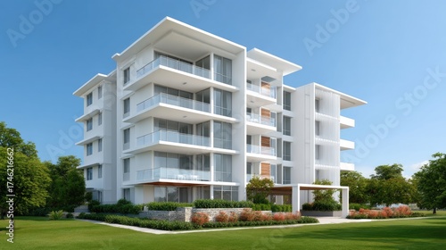 Modern residential building exterior with large windows, balconies, and landscaped green space under clear blue sky