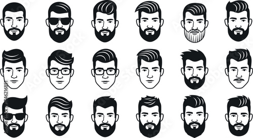 Male hairstyle icons, beard styles, grooming silhouettes, facial hair design, modern haircut, black and white vector, character creation, trendy look, barbershop reference