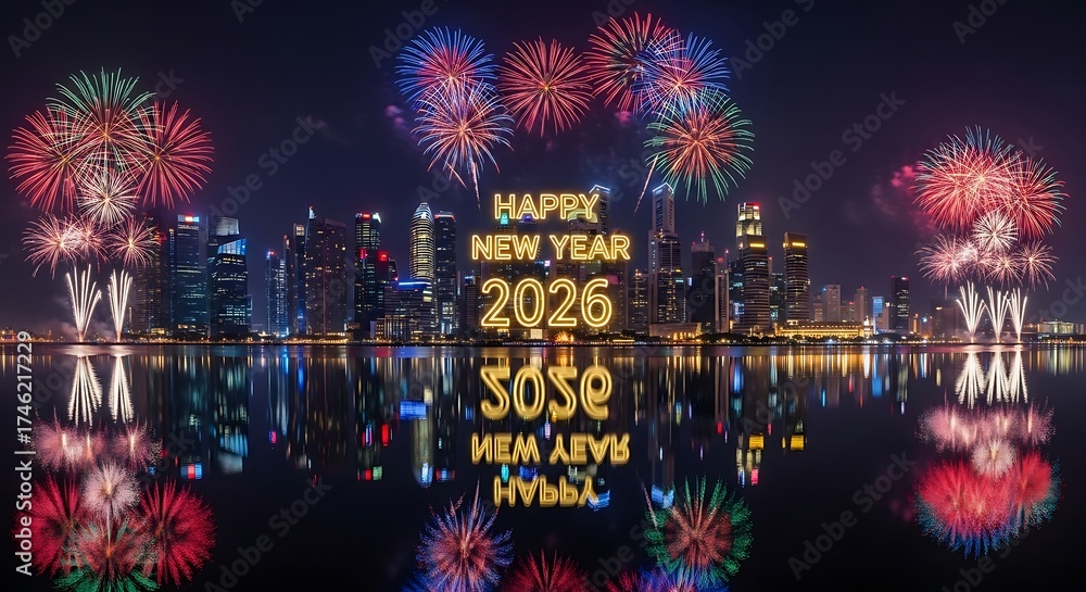 Obraz premium Happy new year 2026 fireworks display over city skyline view