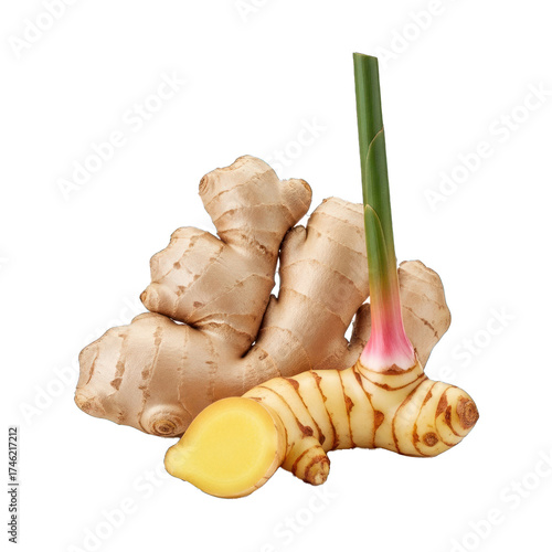 Fresh Ginger Roots and Galangal with a Green Stalk, including a Sliced Piece, Isolated for Culinary and Herbal Use. PNG Clipart Transparent