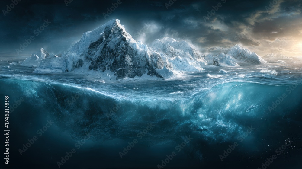 Fototapeta premium Melting antarctic glaciers due to warm ocean currents nature documentary underwater landscape environmental changes