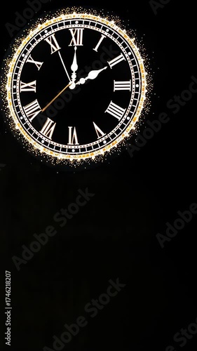 Wallpaper Mural Elegant Roman Numeral Clock Striking Midnight with Sparkling Gold Particles Against Dark Background Torontodigital.ca