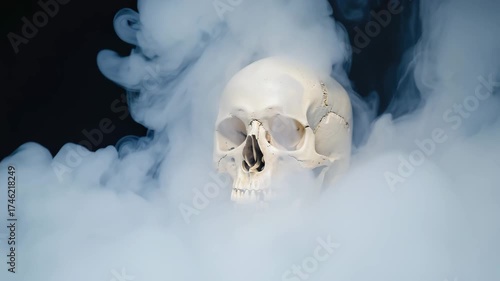 Human skull emerging from ethereal smoke wisps against a dark backdrop conveying mystery death