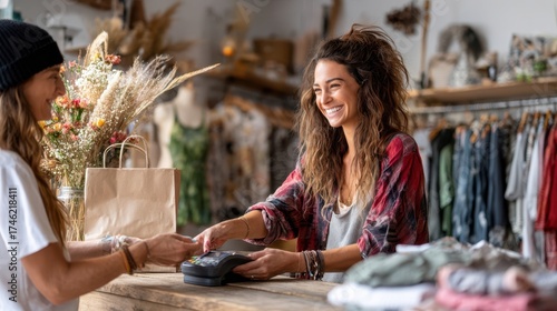 Smiling woman with curly hair at a retail counter, assisting a customer with a payment, surrounded by clothing and decorative elements in a vibrant store atmosphere