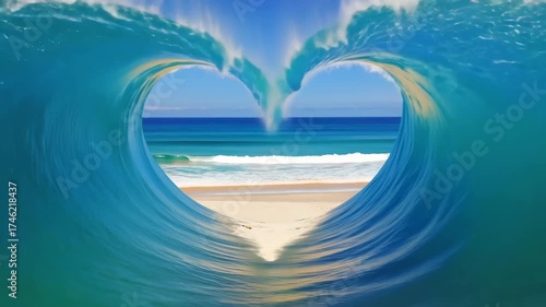 Heart shaped ocean wave crashing on sandy beach paradise serene blue sky backdrop beautiful
