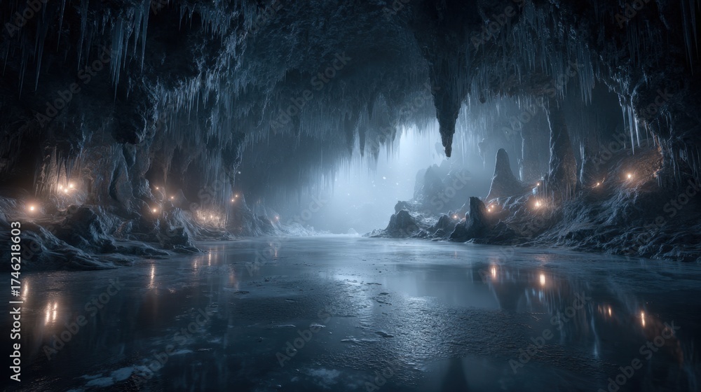 Fototapeta premium Exploring a mysterious underground frozen lake reflecting stars icy cave photography enigmatic environment low angle adventure