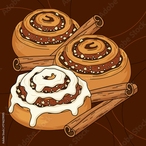 Cinnamon rolls topped with chopped nuts and sugar, with a few cinnamon sticks on a dark brown background. Perfect for celebrating National Cinnamon Roll Day on October 4th.