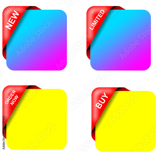 A set of four colorful square promotional labels with red corner ribbons for sales and marketing.