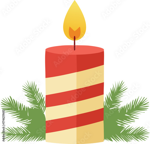 A festive red and white striped candle with a lit flame, adorned with pine branches on a white background.
