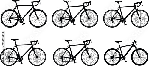 Bicycle silhouette vector set with road, hybrid, and mountain bike designs showing frame, tire, handlebar, and tread variations