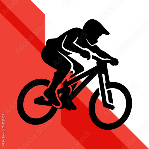 Black vector silhouette of a cyclist on a bicycle performing an extreme jump during a motocross race or BMX sport ride
