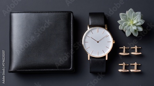 Wallpaper Mural Elegant Black Wallet, Stylish Watch, Cufflinks, and Succulent Arrangement on a Dark Background Torontodigital.ca