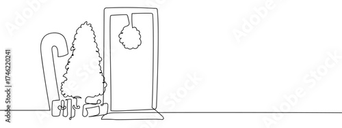 Single continuous line of Christmas tree in front of the house door. Hand drawn vector doodle art line. Editable stroke.
