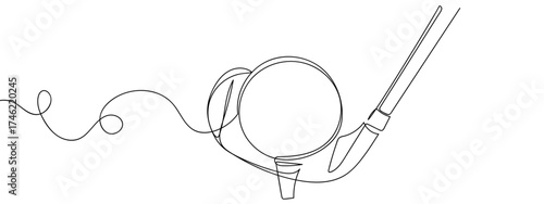 Single continuous line of golf club hitting golf ball. Hand drawn vector doodle art line. Editable stroke.