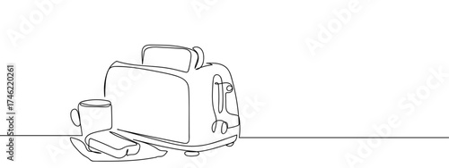 Continuous one line of toaster and coffee cup. Hand drawn vector doodle art line. Editable stroke.