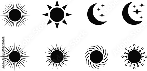 Celestial sun and moon icon set with stars and rays, vector design for astronomy, spirituality, decor, and symbolic illustration themes