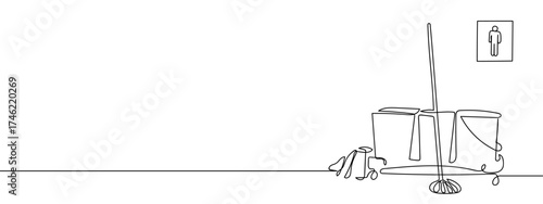 Continuous line of cleaning mop equipment. Hand drawn vector art doodle. Editable stroke.