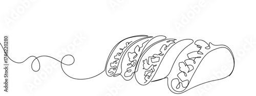 Continuous one line of four tacos. Hand drawn vector doodle art. Editable stroke.
