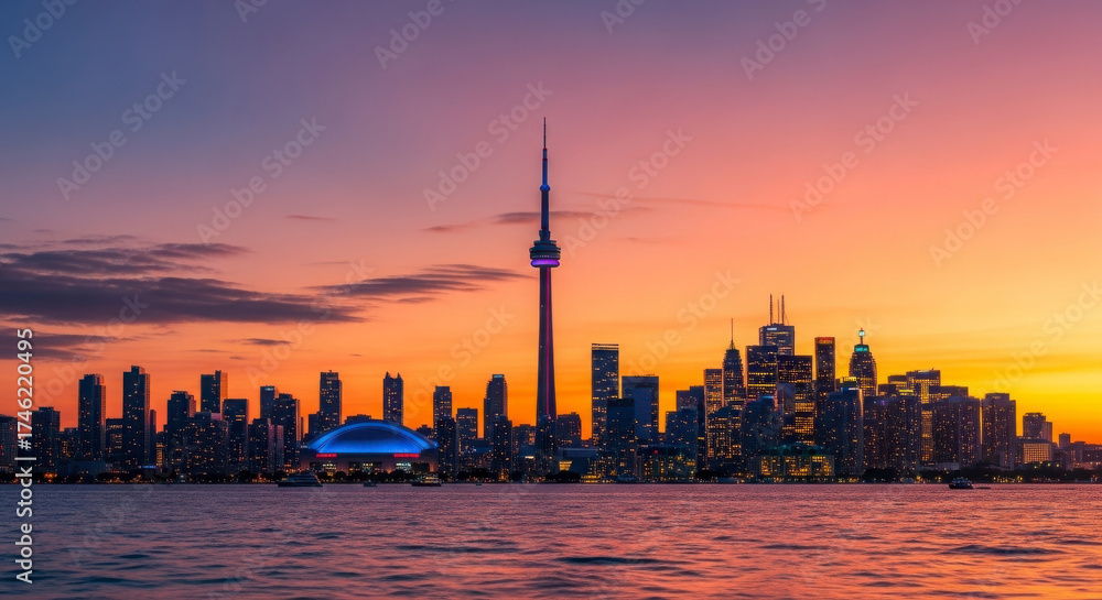 Naklejka premium Toronto Skyline at Sunset with CN Tower and Rogers Centre