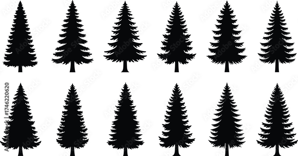Obraz premium Conifer tree silhouette vector set featuring diverse pine and fir shapes for nature, forest, landscape, winter, and decorative design use