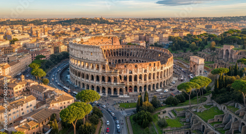 Majestic Ancient Roman Colosseum Cityscape at Golden Hour Sunlight