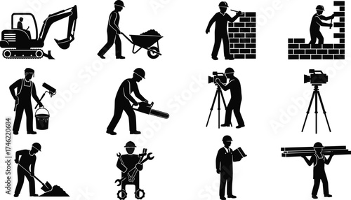 Construction worker and equipment silhouettes in varied roles, vector set for labor, industry, infrastructure, tools, and occupational design themes