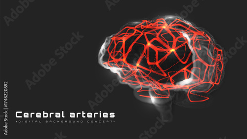 Brain scan and red glow cerebral arteries on black background, Futuristic medical technology scene design concept.