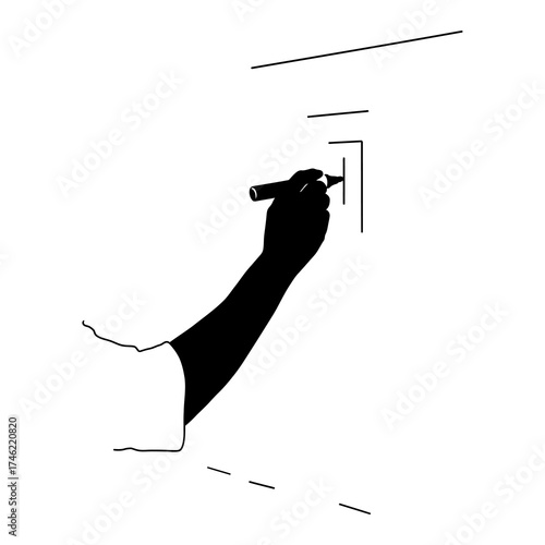 A silhouette of a hand holding a marker, drawing a simple geometric shape on a white surface.