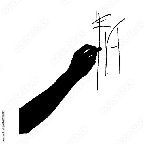 Silhouette of a hand drawing vertical lines and a partial letter on a white background.