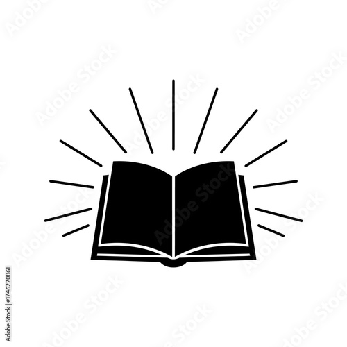 A minimalist black icon of an open book with radiating lines, symbolizing knowledge, learning, and enlightenment.