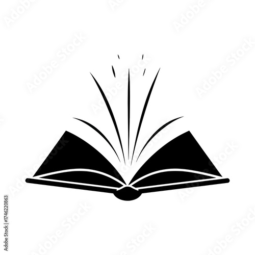 An open book with lines emanating from its pages, symbolizing knowledge or creativity.