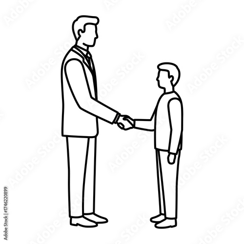 A tall businessman in a suit shakes hands with a shorter person, possibly a child or a younger colleague.