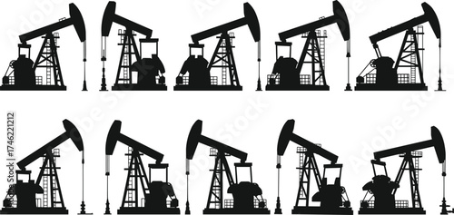 Oil pumpjack silhouette vector set showing mechanical motion of petroleum extraction for energy, industry, mining, and environmental design use