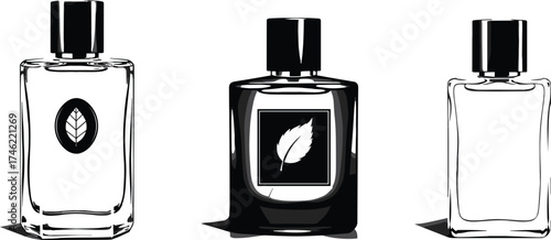 Perfume bottle silhouette vector set with leaf label designs for fragrance, cosmetic branding, packaging, beauty, and decorative illustration use