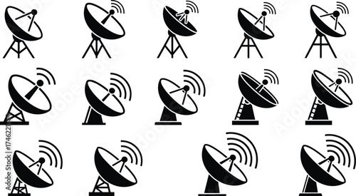 Satellite dish icon collection with signal waves, vector design for communication, broadcasting, technology, network infrastructure, and digital transmission themes