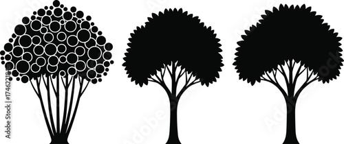 Stylized tree silhouette vector set with abstract, natural, and jagged foliage designs for nature, logo, decor, and educational use