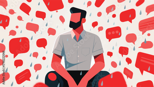 Illustration Of Person Sitting Peacefully With A Relentless Barrage Of Bright Red Notification Bubbles Is Pelting Them Like Hail Vector Design Template