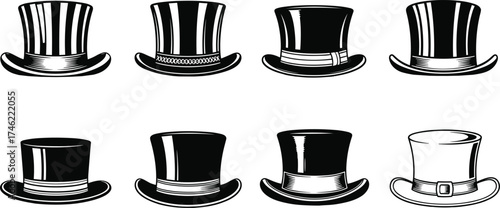 Top hat silhouette vector set with vintage, striped, buckled, and decorative styles for fashion, costume, logo, and design use